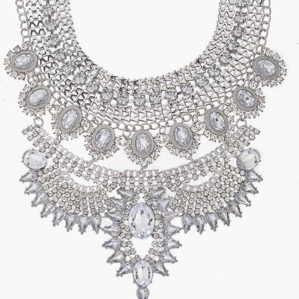 Vintage-Inspired Silver Crystal Bib Necklace